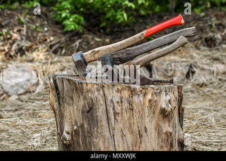 Ax bloccato in treeold ax bloccato in un moncone, su uno sfondo di paglia, primo piano Foto Stock