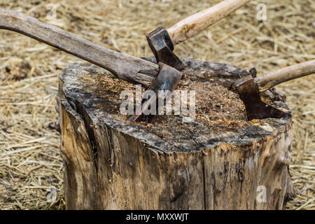 Ax bloccato in treeold ax bloccato in un moncone, su uno sfondo di paglia, primo piano Foto Stock