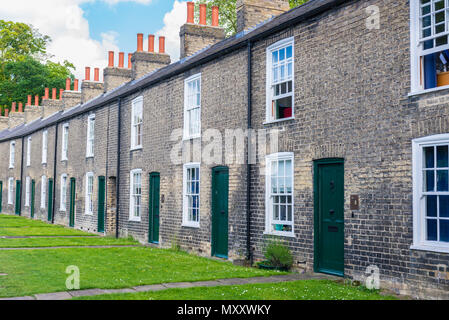 Riga del vittoriano ristrutturato case in mattoni con colore verde porte su una strada locale a Cambridge nel Regno Unito Foto Stock