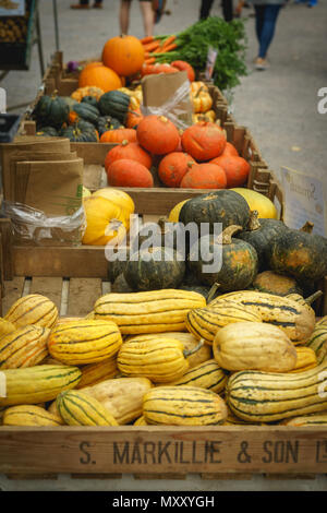 London, Regno Unito - Ottobre 2017. Verdure di stagione venduti in una fase di stallo a Brockley mercato contadino locale mercato organizzato ogni sabato a Lewisham. Foto Stock