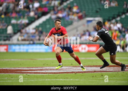 Scozia v Nuova Zelanda in azione durante la HSBC London Sevens a Twickenham Stadium Londra Inghilterra su Giugno 02 2018 Graham / GlennSports Foto Stock