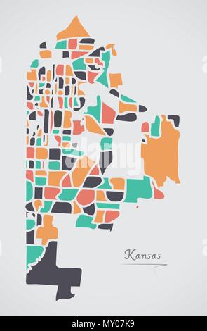 Kansas Missouri mappa con i quartieri e di moderne forme rotonde Illustrazione Vettoriale