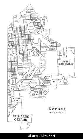 Città moderna mappa - Missouri Kansas City degli Stati Uniti con i quartieri e i titoli mappa di contorno Illustrazione Vettoriale