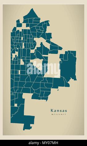 Città moderna mappa - Missouri Kansas City degli Stati Uniti con i quartieri Illustrazione Vettoriale