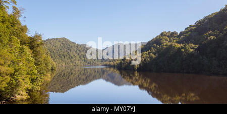 Alberi riflessa nel fiume Gordon, costa Ovest della Tasmania Foto Stock