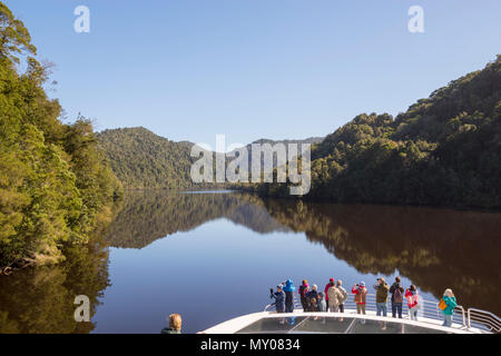 Alberi riflessa nel fiume Gordon, costa Ovest della Tasmania Foto Stock