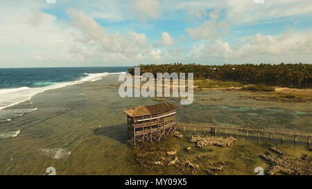 Punto di vista nell'oceano al Cloud Nine surf point, Siargao island , Filippine. Vista aerea sollevata passerella in legno per surfisti di attraversare la barriera corallina di siargao island al cloud 9 surf break sull isola di Mindanao. Isole Siargao famoso surf break cloud 9. Foto Stock