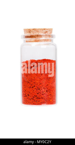Polvere di pimienta roja pepe rosso in una bottiglia di vetro con sughero st Foto Stock