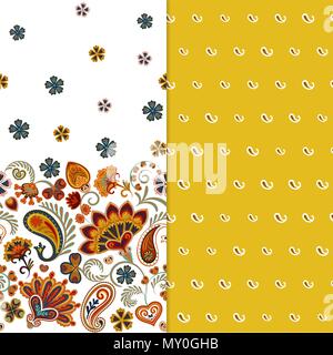 Set di due orizzontali seamless motivo floreale con paisley e fantasia fiori confine. Disegnata a mano la texture per i vestiti, biancheria, tessuto del vestito ecc. Giallo Illustrazione Vettoriale