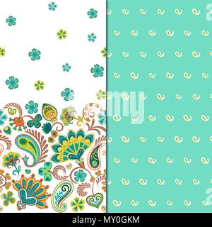Set di due orizzontali seamless motivo floreale con paisley e fantasia fiori confine. Disegnata a mano la texture per i vestiti, biancheria, tessuto del vestito ecc. Blue Illustrazione Vettoriale