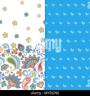 Set di due orizzontali seamless motivo floreale con paisley e fantasia fiori confine. Disegnata a mano la texture per i vestiti, biancheria, tessuto del vestito ecc. Blue Illustrazione Vettoriale