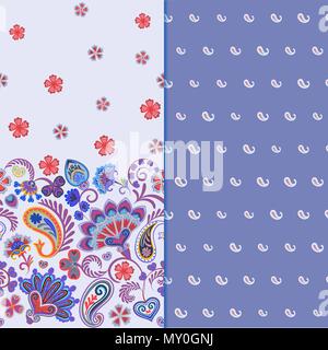 Set di due orizzontali seamless motivo floreale con paisley e fantasia fiori confine. Disegnata a mano la texture per i vestiti, biancheria, tessuto del vestito ecc. Lillà Illustrazione Vettoriale