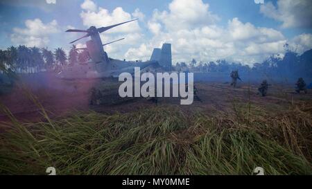 Provincia di Sabah, Malesia (13 novembre 2016) i soldati con 7° Battaglione, Royal Reggimento Malay, impostare la zona di atterraggio di sicurezza durante l'esercizio finale di esercizio Tiger Strike 2016, nella provincia di Sabah, Malesia, nov. 13, 2016. Durante le prime fasi di formazione di TS16, RMR soldati sono stati in grado di partecipare a carico, lo scarico e la sicurezza punte con MV-22 Osprey e CH-53E Super Stallion aeromobili, permettendo loro di sperimentare il velivolo in prima persona prima di condurre il FINEX. (U.S. Marine Corps foto di Cpl. Devan K. Gowans/rilasciato) Foto Stock