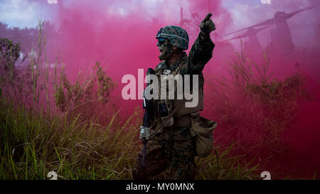 Provincia di Sabah, Malesia (13 novembre 2016) un Marine con il Battaglione Team di atterraggio 1bn., 4 Marines, undicesimo Marine Expeditionary Unit, dà gli ordini per il suo team durante l'esercizio finale di esercizio Tiger Strike 2016, nella provincia di Sabah, Malesia, nov. 13, 2016. L'esercizio finale è servita come una dimostrazione di Stati Uniti e malese funzionalità bilaterali al piano, di comunicare e di eseguire le operazioni anfibie. (U.S. Marine Corps foto di Cpl. Devan K. Gowans/rilasciato) Foto Stock