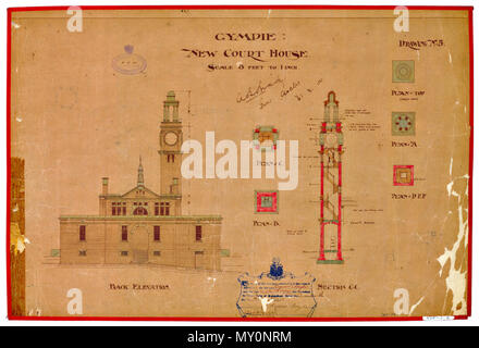 Disegno architettonico di Gympie nuova Casa Corte, mostrando i. Il primo procedimento giudiziario in Gympie erano detenute da Gold Commissario in una serie di strutture temporanee poco dopo l' afflusso dei minatori della zona. Nel tardo 1860, di una struttura più permanente, in forma di una lastra di legno edificio fu eretto su che cosa è stato conosciuto come il Commissario's Hill. Nel 1876 un sostanziale muratura court house edificio fu eretto in Channon Street sul terreno riservato per scopi di polizia. Questo edificio è servita la città fino alla metà del 1890 quando vi è stata la pressione per una nuova casa corte, principalmente dal locale Foto Stock