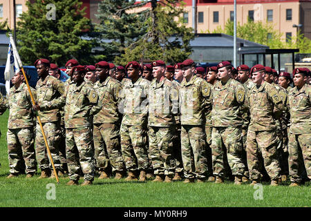 Paracadutisti dal 725th brigata battaglione di supporto stand in formazione durante le cerimonie di apertura per esercitare Arctic Aurora, 1 giugno 1028, a Pershing campo sulla base comune Elmendorf-Richardson. Paracadutisti da parte degli Stati Uniti Esercito dell Alaska quarta brigata di fanteria combattere Team (airborne), XXV divisione di fanteria e il 1 ° brigata aerea giapponese Terra Forza di Autodifesa si stanno preparando per Arctic Aurora, un bilaterale annuale di esercizio di formazione che coinvolgono gli elementi della brigata spartana e il JGSDF, che si concentra sul rafforzamento dei legami tra i due eseguendo combinati piccola unità airborne proficiency Foto Stock