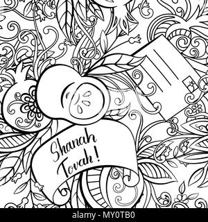 Rosh Hashanah (ebreo Nuovo Anno) seamless pattern. Disegnata a mano elementi mele, melograno biglietti di auguri e fiori. Illustrazione Vettoriale. Isolato su sfondo bianco. Colorazione per adulti pagina del libro. Illustrazione Vettoriale