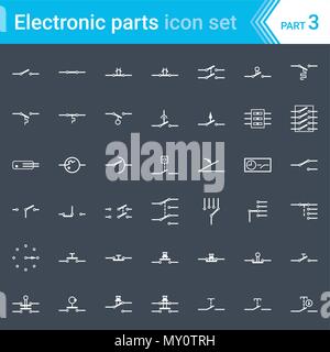Elettrici ed Elettronici di icone, schema elettrico i simboli. Interruttori, pulsanti e interruttori di circuito. Illustrazione Vettoriale