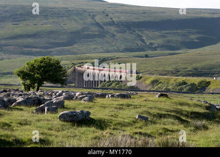 Ribblehead, North Yorkshire, Regno Unito. 5 Giugno, 2018. Il Dalesman speciale di vapore attraversa il viadotto Ribblehead sul Settle-Carlisle linea ferroviaria il 5 giugno 2018. Il treno è una funzione regolare sulla linea durante i mesi estivi. La locomotiva qui è un Giubileo Stanier motore classe denominata "Leander". Credito: John Bentley/Alamy Live News Foto Stock