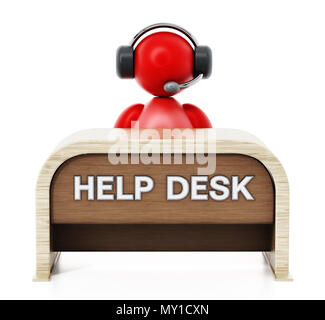 Rappresentante del cliente con cuffia seduta sul help desk. 3D'illustrazione. Foto Stock