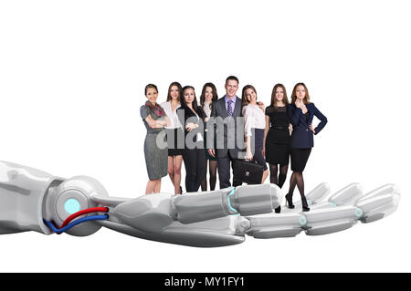 Mano robotica detiene il gruppo di gente di affari. Il rendering 3D Foto Stock