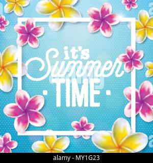 Il suo tempo di estate illustrazione con fiore su sfondo blu. Vacanza tropicale tipografici modello di progettazione per banner, flyer, invito, brochure, poster o un biglietto di auguri. Illustrazione Vettoriale