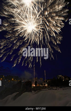 Incredibile spettacolo di fuochi d'artificio a Sciaffusa dove il fiume Rheine ha la sua origine durante la festa nazionale svizzera Foto Stock