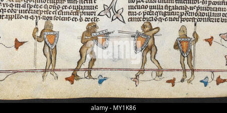 . Dettaglio di una bas-de-page scena di scimmie utilizzando la protezione Batayle, dalla Smithfield Decretals, Francia meridionale (probabilmente Tolosa), c. 1300, con illuminazioni aggiunto in Inghilterra (Londra) c. 1340, Royal MS 10 E. iv, f. 75v . circa 1300. Questo file è privo di informazioni sull'autore. 493 Smithfield Foto Stock