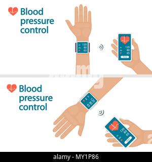 La misurazione e il monitoraggio della pressione sanguigna con gadget moderni e applicazioni mobili. L'uomo controllando la pressione del sangue arterioso con dispositivo digitale ton Illustrazione Vettoriale