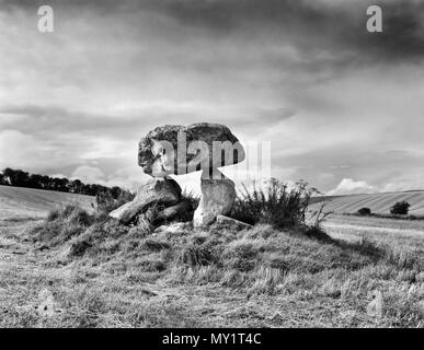 Visualizzare NW del parzialmente ricostruito rimane del Devil's Den Neolitico camera di sepoltura vicino ad Avebury, Wiltshire, Inghilterra, Regno Unito. Foto Stock