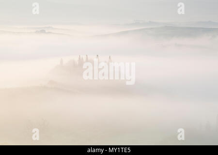 Nebbia di vorticazione nella valle sulla Val d'Orcia nel primo mattino alba, San Quirico d'Orcia, vicino a Pienza, Toscana, Italia nel mese di maggio Foto Stock