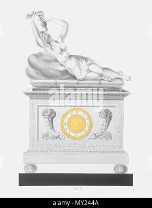 . Inglese: acquerello, gouache e penna e inchiostro su carta vergata. Numerati: 8. Dimensioni: 68cm. da 48.3cm. Per essere eseguita in alabastro; bronzo dorato e quadrante in smalto; marmo nero piattaforma. Un voluttuoso figura femminile sdraiata su cuscini, mangiare uva da un mazzetto lei tiene aloft, un tamburello da i suoi piedi; la chiave greca incorniciato plinto con il quadrante di orologio affiancato da rhyton corna; su foliate giunte piedini a sfera. Bacchantes (Menadi in greco), che aveva un tamburello per un attributo, erano di sesso femminile devoti di Bacco, il dio del vino. In questa figura il moto vorticoso dei panneggi è tipico, la posa della figura Foto Stock