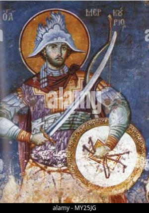 . En:San Mercurius (224 - 250). Affresco bt Manuil Panselin, Afon. Св. Меркурий. Фреска Мануила Панселина. Афон. Карея. Протат . XV (?). Manuil Panselin 499 St il mercurio Foto Stock