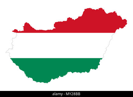 Bandiera dell'Ungheria in silhouette di paese. Tricolore ungherese, orizzontale rosso, bianco e strisce verdi nel paese di contorno. Stato in Europa centrale. Foto Stock
