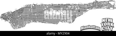 Mappa Manhattan alinged orizzontale . Molto scrupoloso versione senza ponti e nomi. New York e Manhattan logo seperatly raggruppati in versione vettoriale. Illustrazione Vettoriale