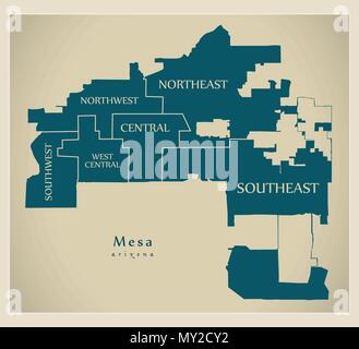 Città moderna mappa - Mesa Arizona città degli Stati Uniti con i quartieri e titoli Illustrazione Vettoriale