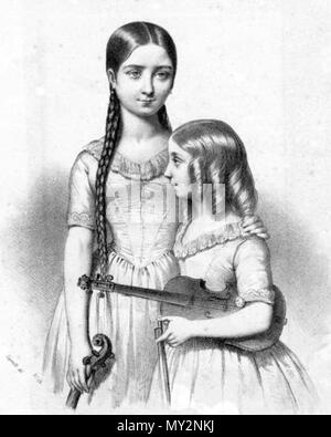 . Inglese: Italiano violinista e compositore Teresa Milanollo (1827-1904) con la sorella Maria. Litografia da Marie-Alexandre Alophe (1812-1883) dopo François-Gabriel Lépaulle (1804-1886). 1841. Alophe Marie-Alexandre dopo François-Gabriel Lépaulle 516 Teresa e Maria Milanollo da Marie-Alexandre Alophe Foto Stock