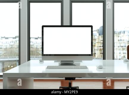 Computer desktop mock-up con schermo bianco si erge sulla scrivania in ufficio Foto Stock