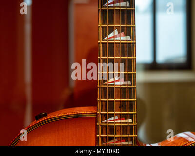 A close up of a fingerboard’s stings on an acoustic guitar with dark wood Foto Stock