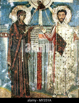 . Inglese: la Vergine e San Teodoro. Mosaico nella basilica di Ayos Demetrios, Thessalonike . Ix secolo. anonimus 525 La Vergine e San Teodoro Foto Stock