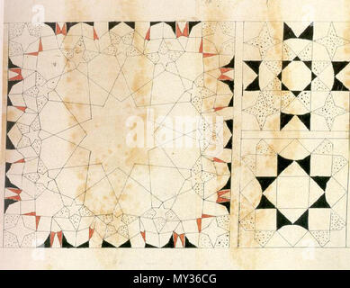 . Inglese: Pannello dal Topkapi scorrere. A sinistra, a forma di ventaglio completo muqarnas vault. A destra, due esempi di muqarnas stellate piena vaults. Türkçe: Topkapı Parşömeni'nden bir pannello. Solda, yelpaze şekilli kubbe tam. Sağda, ışınsal mukarnas tam kubbe tasarımı için iki örnek. Il 16 dicembre 2011. Autore sconosciuto di xv secolo Topkapi scorrere 532 Topkapi scorrere P297 Foto Stock