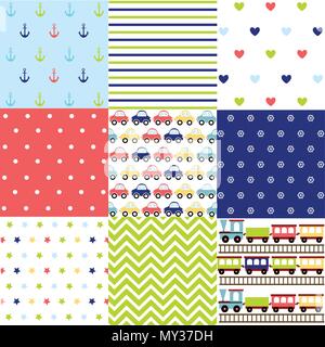 Grazioso set di Baby Boy seamless patterns con trame di tessuto Illustrazione Vettoriale