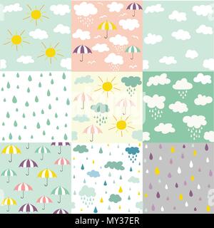Pioggia e nuvole seamless patterns Illustrazione Vettoriale