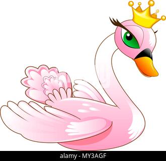Bird Swan. Cartoon cigno rosa su sfondo bianco. Illustrazione Vettoriale
