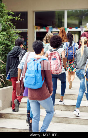 Gli studenti universitari a camminare verso un edificio universitario, vista posteriore Foto Stock