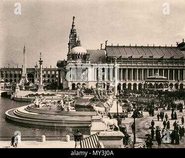 Bacino superiore, Obelisco, sala macchine e fontana MacMonnies, Columbian Exposition, Chicago 1893. Albertype (foto). Foto Stock