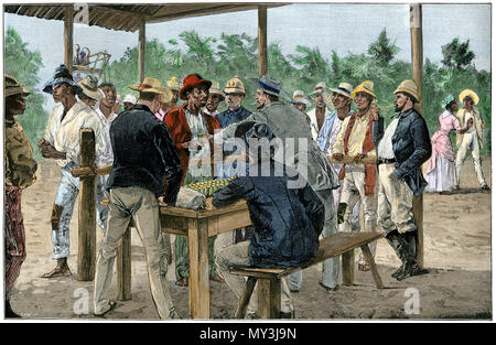 Pagamento francese lavoratori nativa la costruzione del Canale di Panama, 1880. Colorate a mano la xilografia Foto Stock