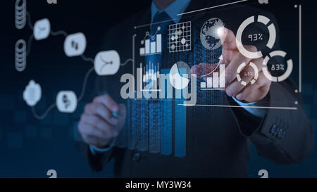 Sistema di gestione dei dati (DMS) con Business Analytics concetto. imprenditore lavora con forniscono informazioni per gli indicatori di prestazioni chiave (KPI) e ma Foto Stock