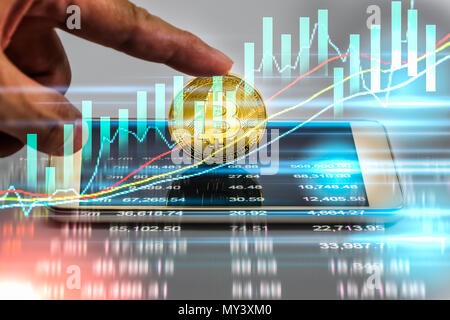 Moderno modo di exchange. Bitcoin è comodo il pagamento in economia globale del mercato. Virtual valuta digitale e investimenti finanziari del concetto di commercio. Abstr Foto Stock