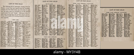 Un 1912 Elenco delle morti il ill stregate RMS Titanic Foto Stock